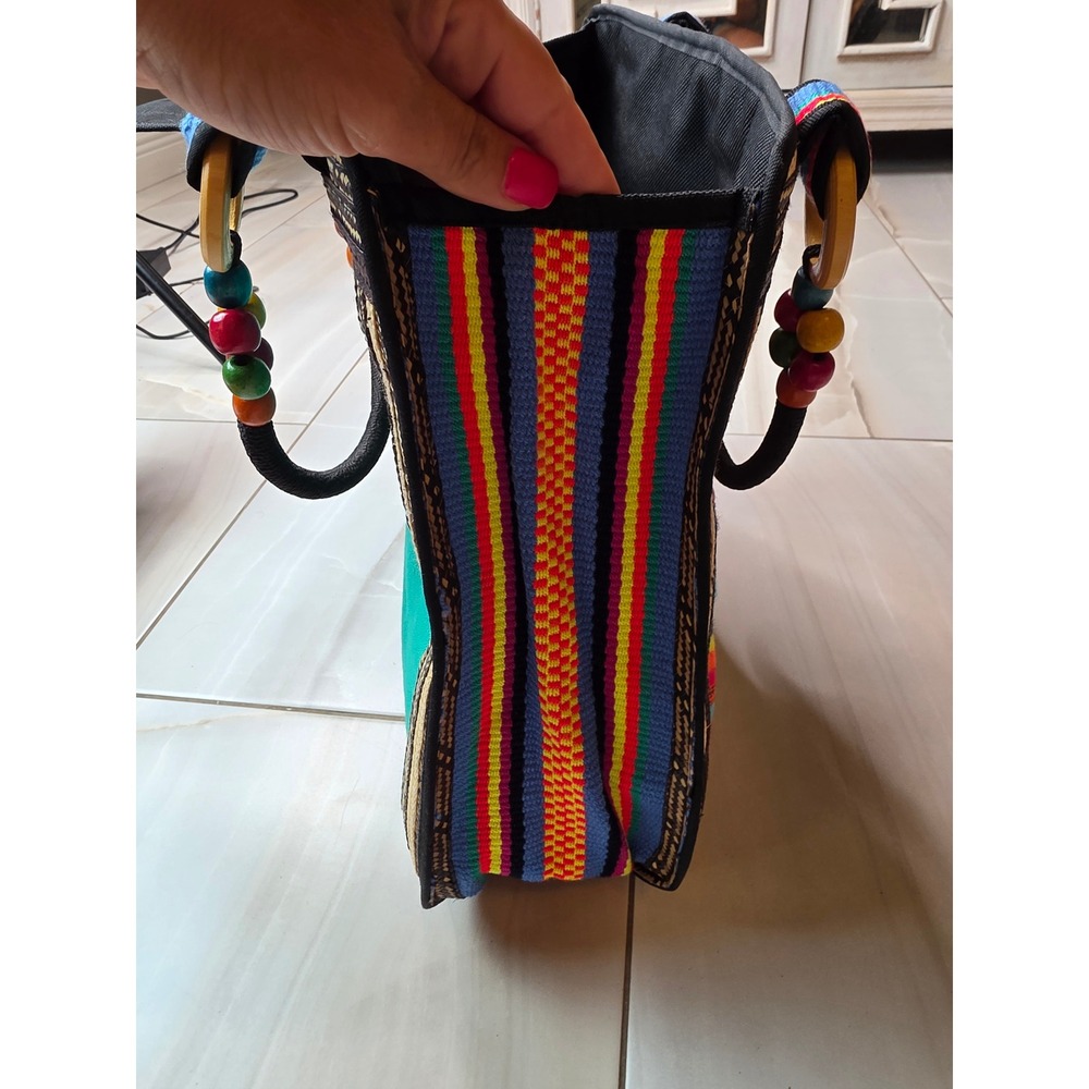 Boho Woven Straw Striped Tote Bag Multi Color Embroidered Floral Wooden F1 - Picture 16 of 16